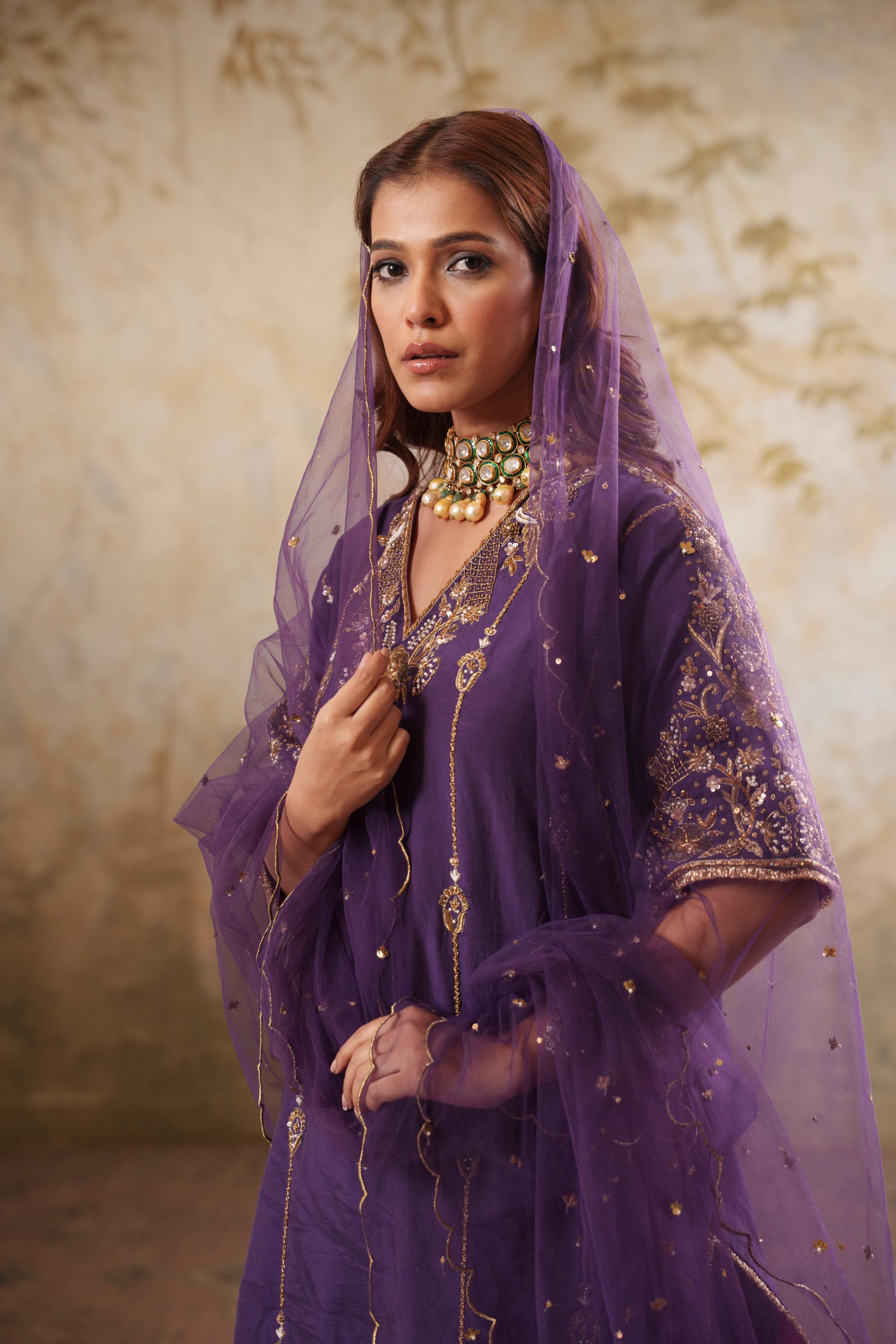 Noorani: Purple Short Embroidered Kurta with Salwar & Dupatta