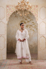 Noorani: White Embroidered Long Kurta with Pants & Dupatta