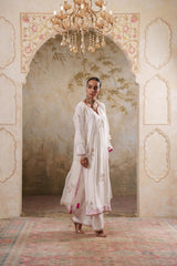 Noorani: White Embroidered Long Kurta with Pants & Dupatta