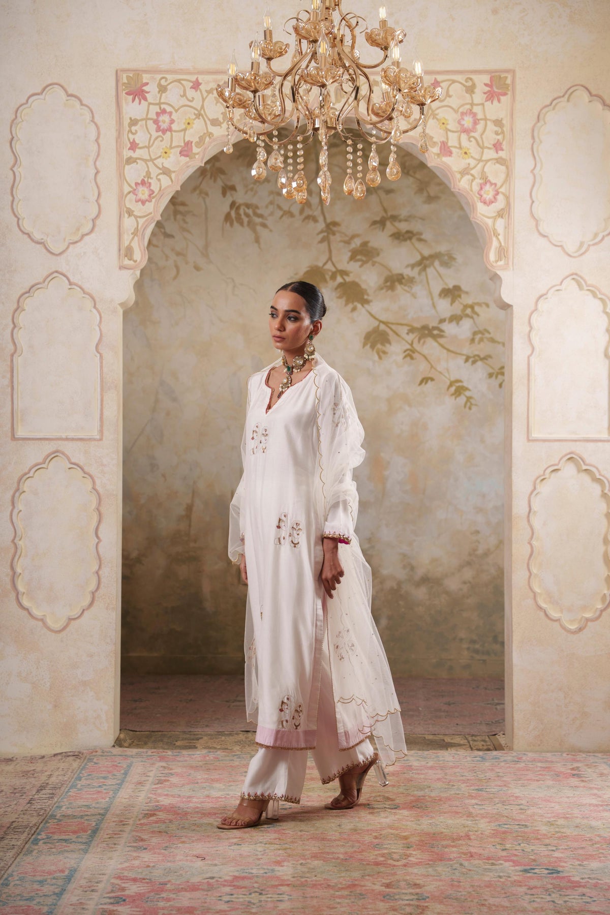 Noorani: White Embroidered Long Kurta with Pants & Dupatta