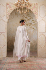 Noorani: White Embroidered Long Kurta with Pants & Dupatta