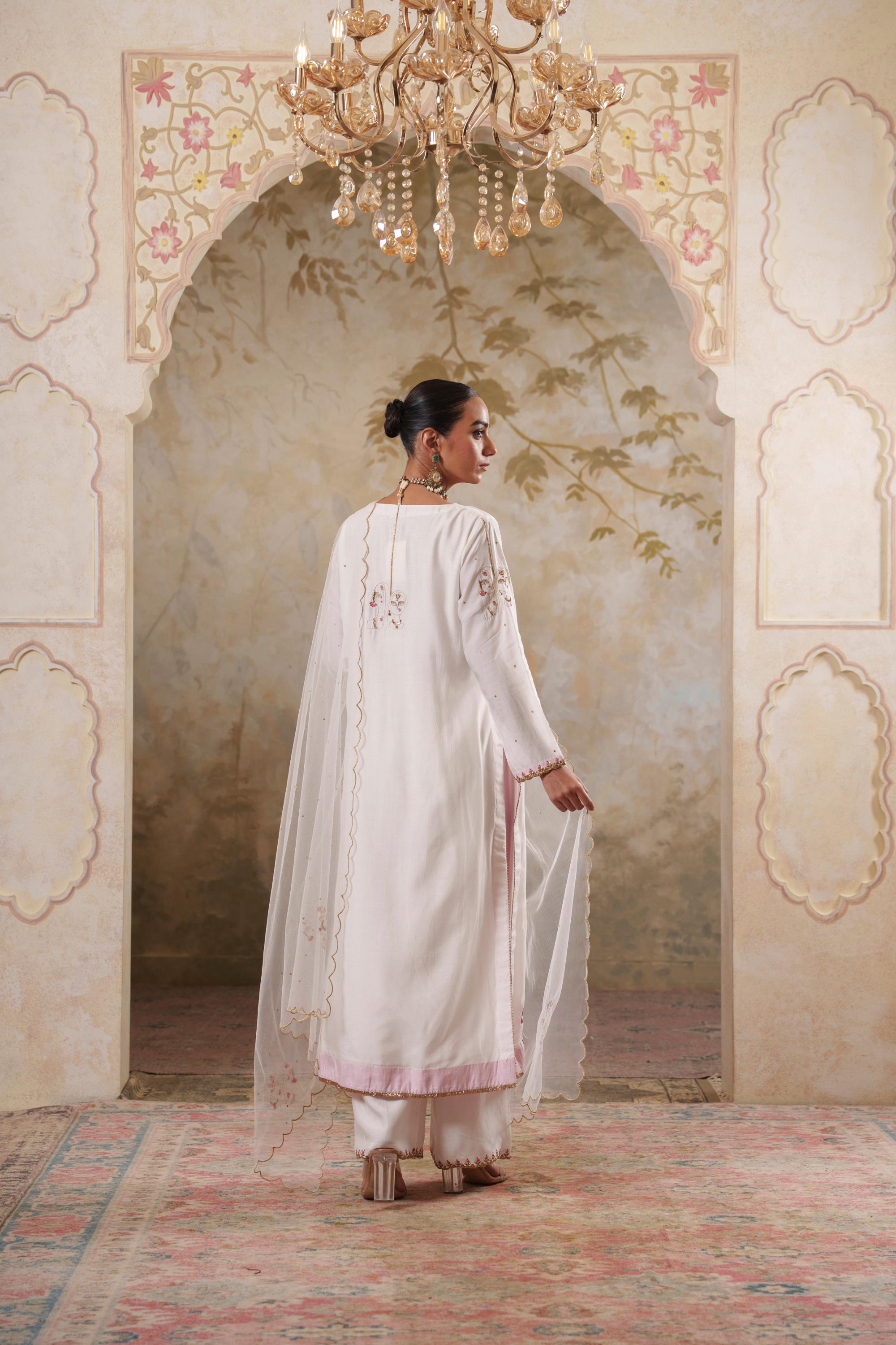 Noorani: White Embroidered Long Kurta with Pants & Dupatta