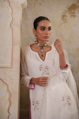 Noorani: White Embroidered Long Kurta with Pants & Dupatta