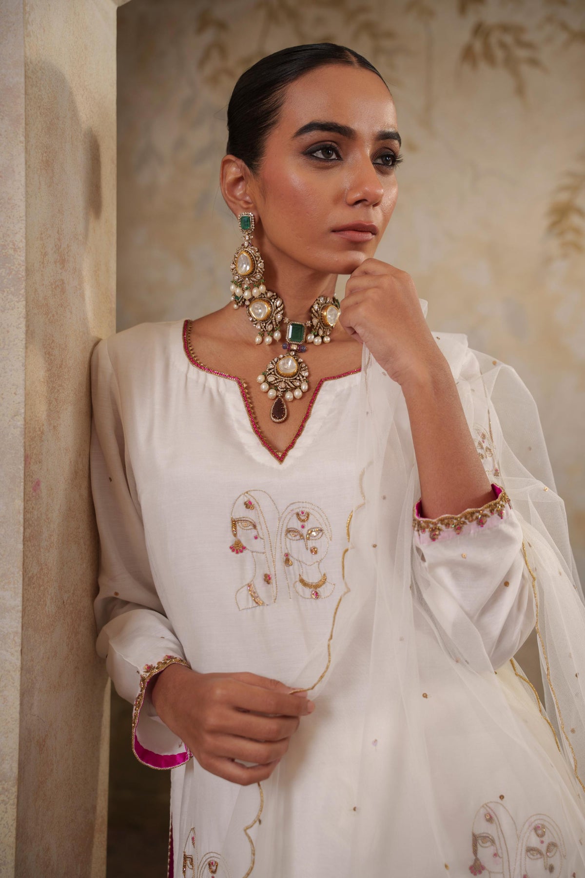 Noorani: White Embroidered Long Kurta with Pants & Dupatta