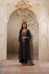 Noorani: Black Embroidered Long Kurta with Pants & Dupatta