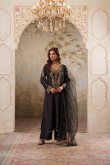 Noorani: Black Embroidered Long Kurta with Pants & Dupatta