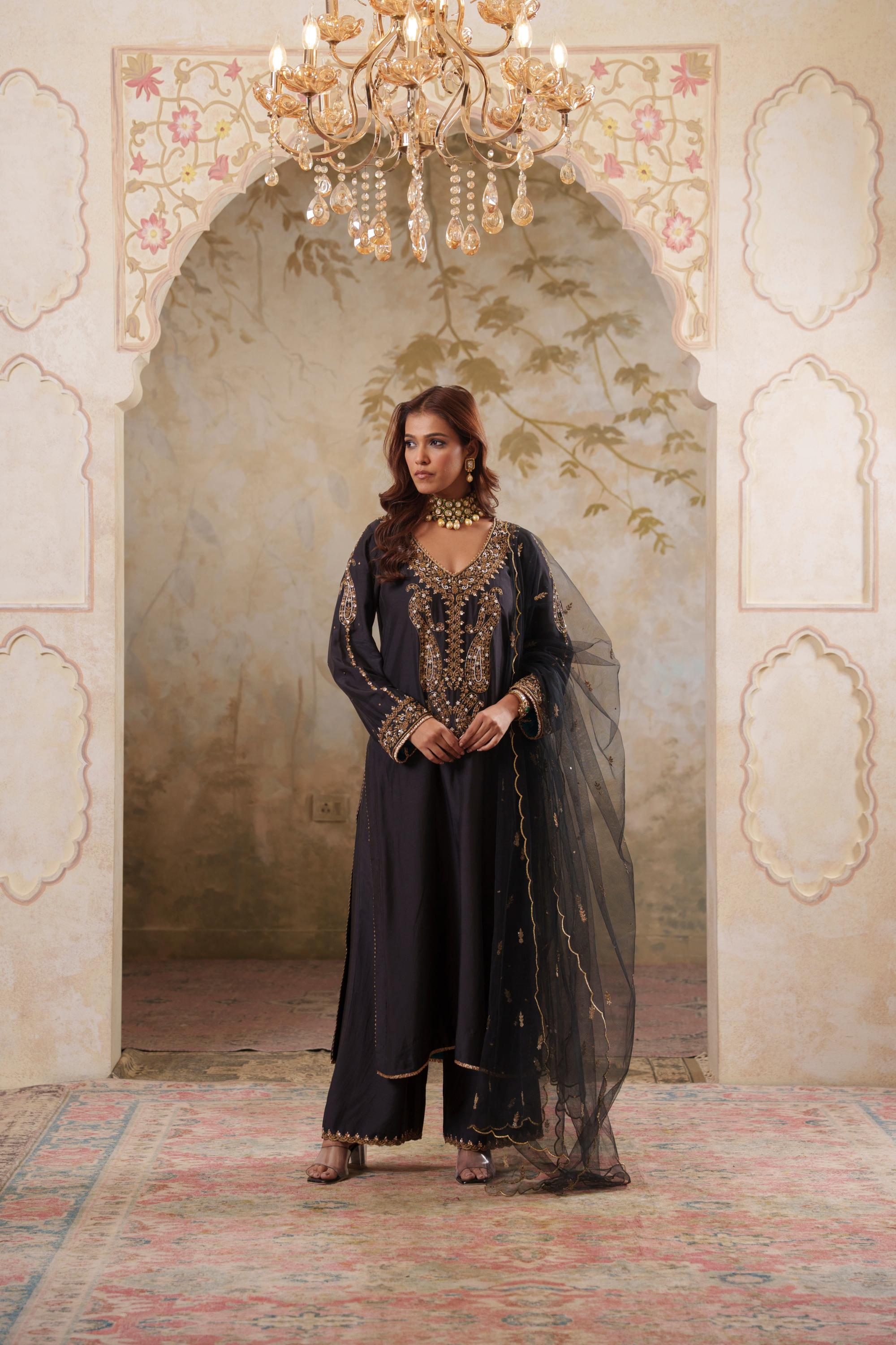 Noorani: Black Embroidered Long Kurta with Pants & Dupatta