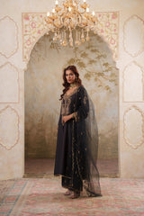 Noorani: Black Embroidered Long Kurta with Pants & Dupatta