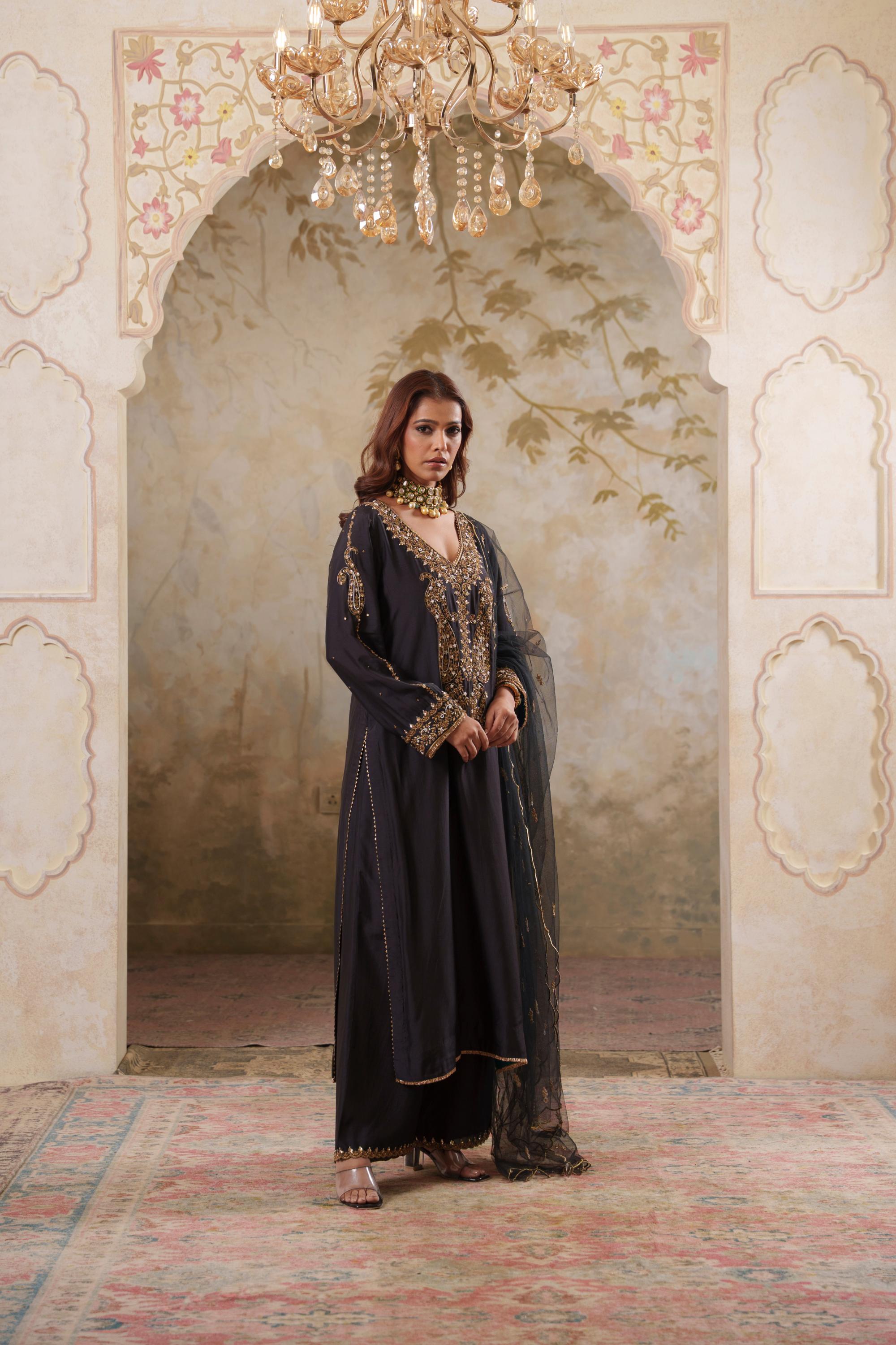 Noorani: Black Embroidered Long Kurta with Pants & Dupatta
