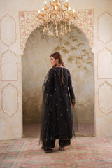 Noorani: Black Embroidered Long Kurta with Pants & Dupatta