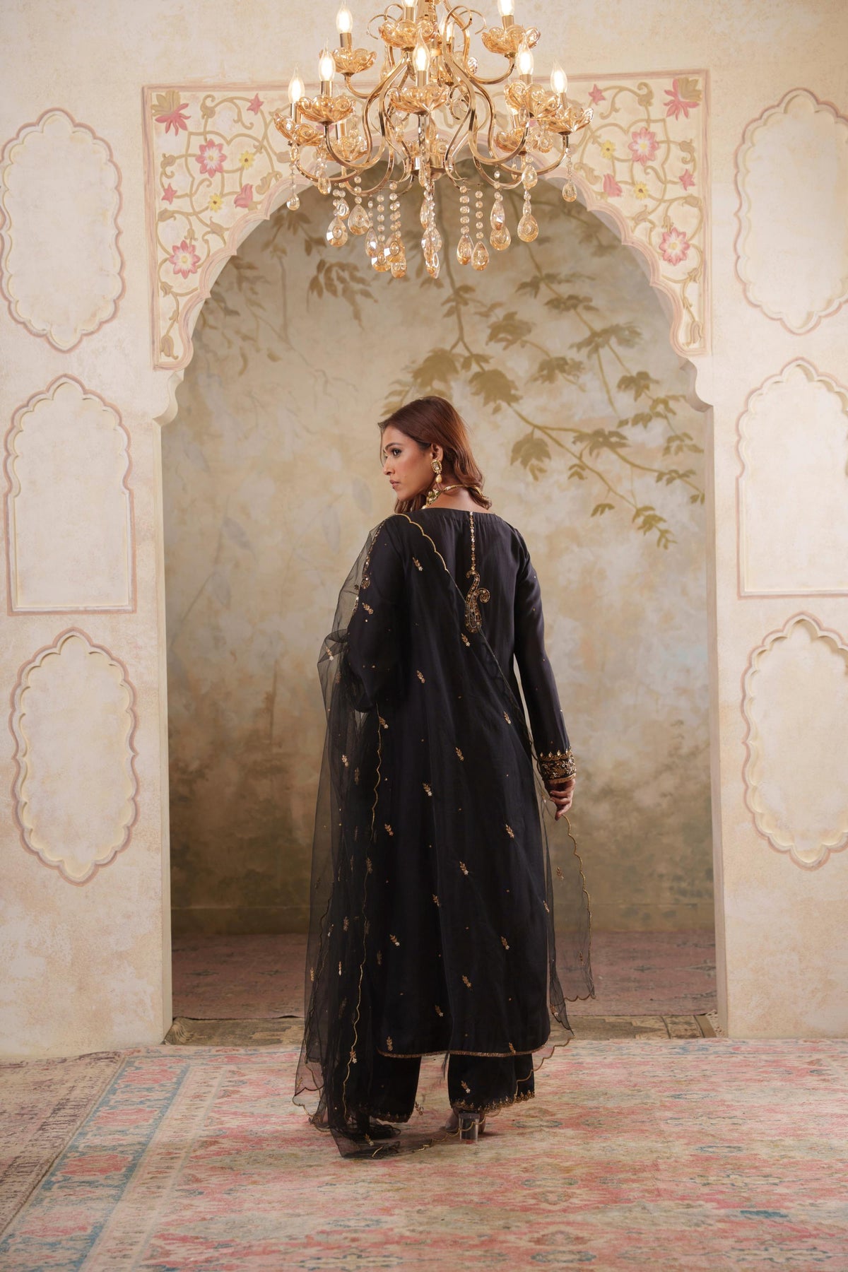 Noorani: Black Embroidered Long Kurta with Pants & Dupatta