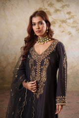 Noorani: Black Embroidered Long Kurta with Pants & Dupatta