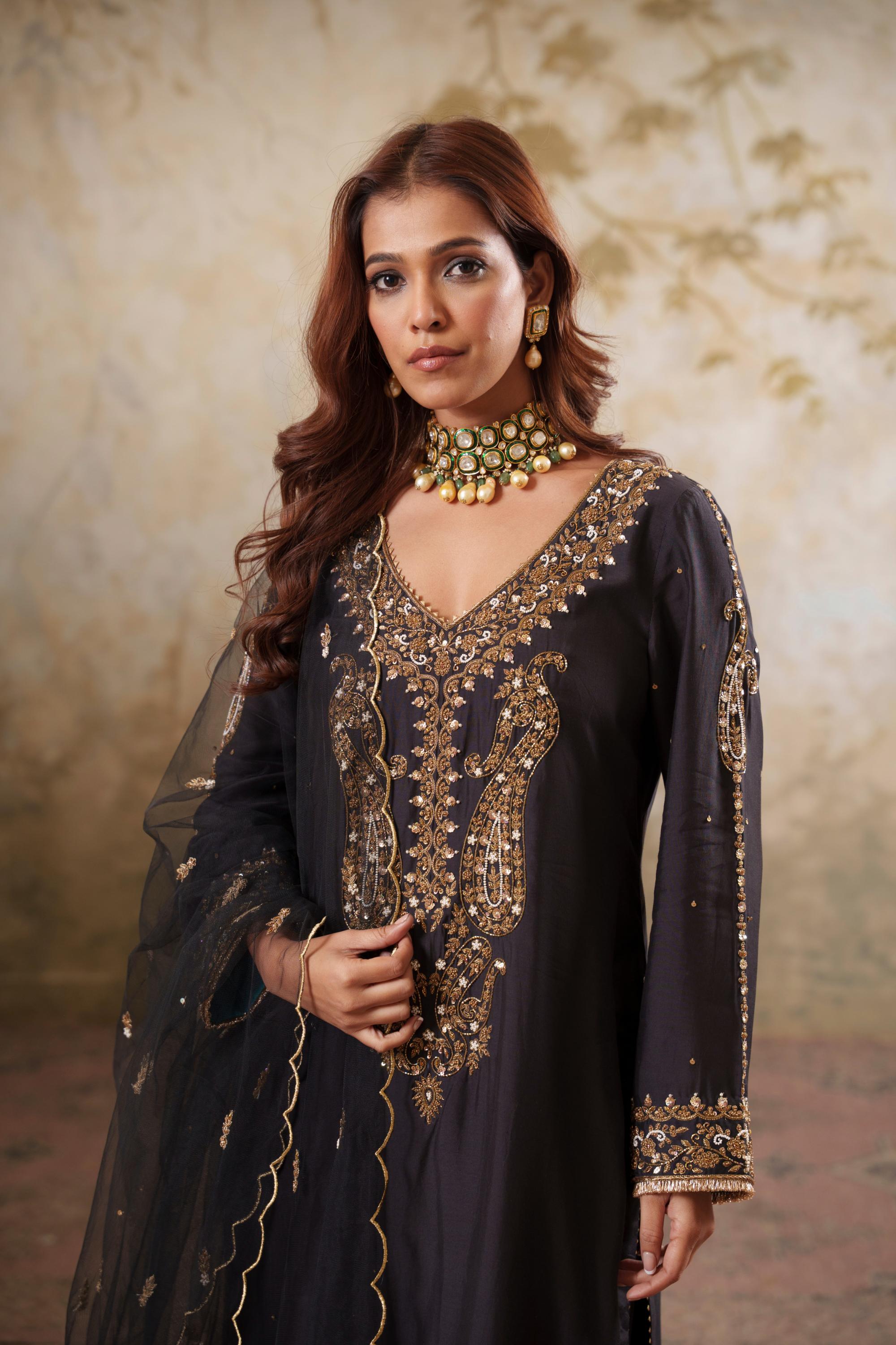 Noorani: Black Embroidered Long Kurta with Pants & Dupatta