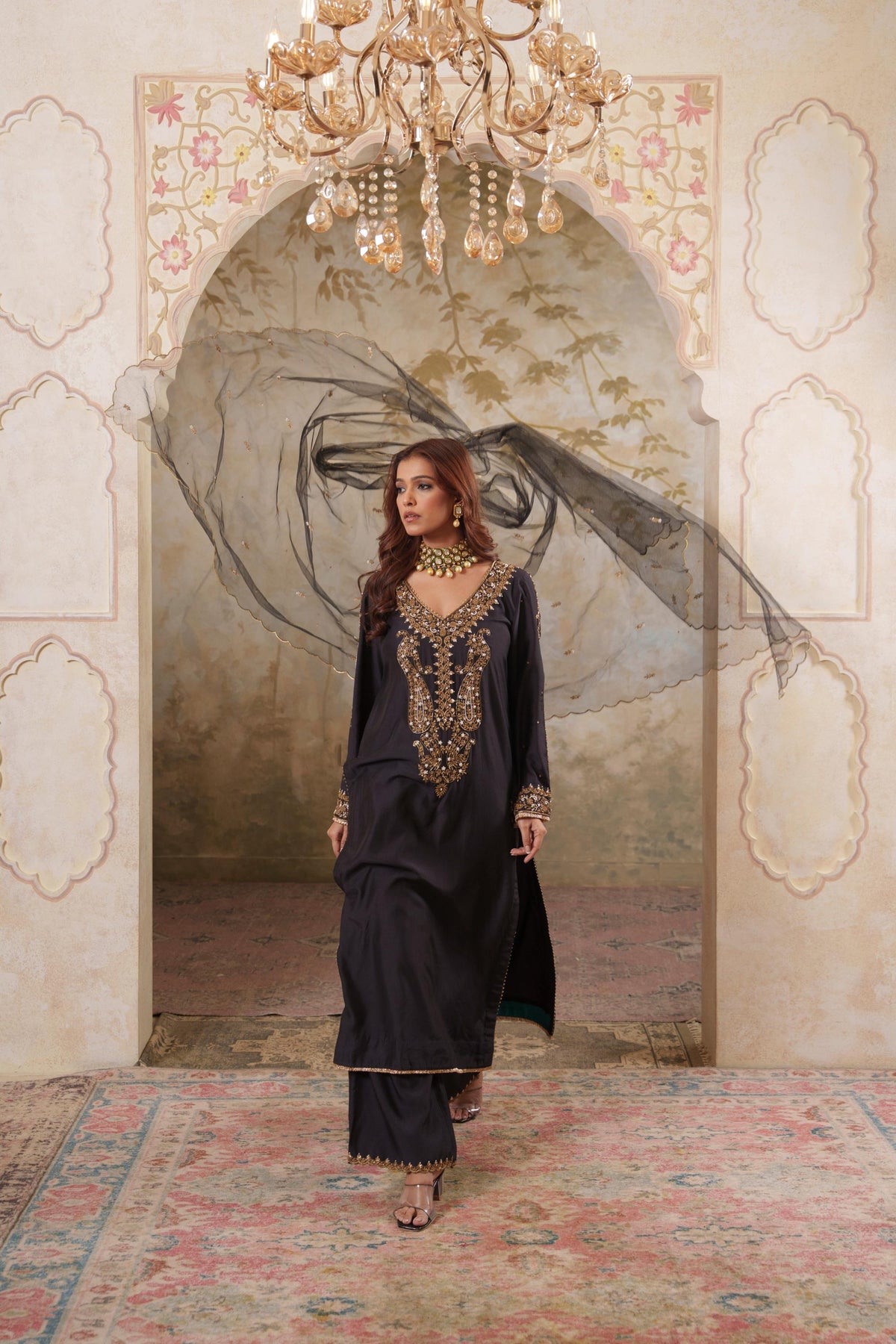 Noorani: Black Embroidered Long Kurta with Pants & Dupatta