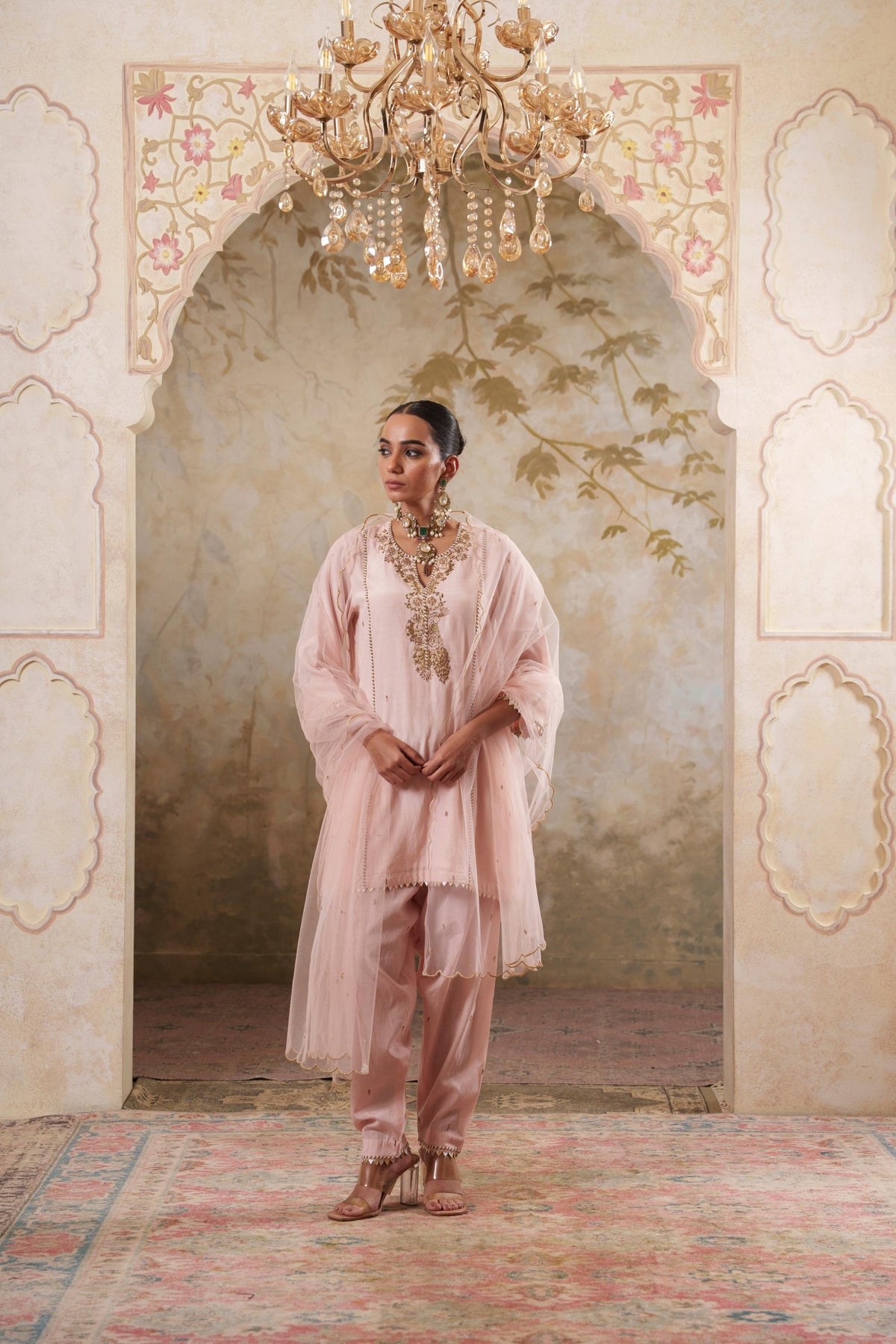 Noorani: Nude Pink Short Embroidered Kurta with Salwar & Dupatta
