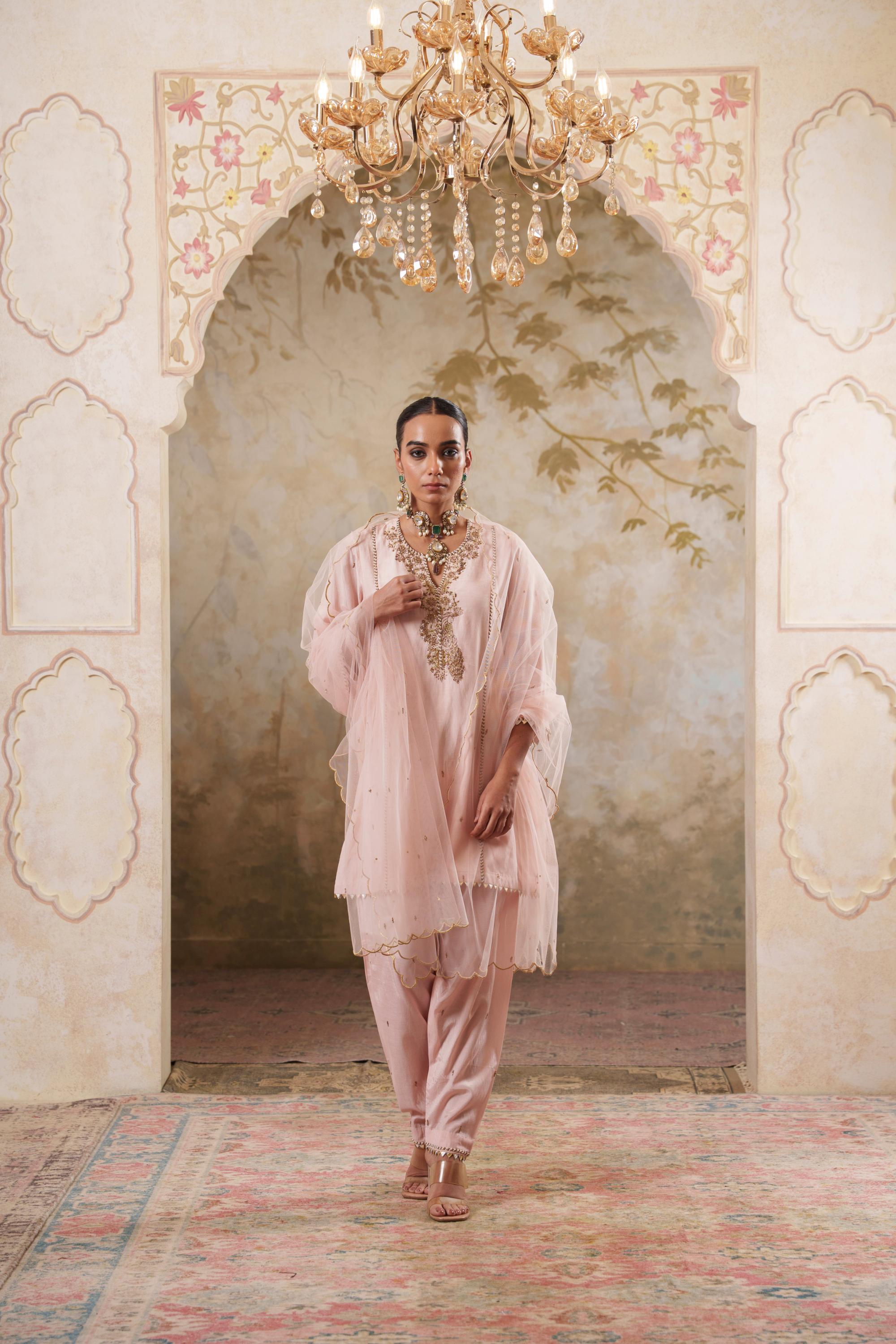 Noorani: Nude Pink Short Embroidered Kurta with Salwar & Dupatta