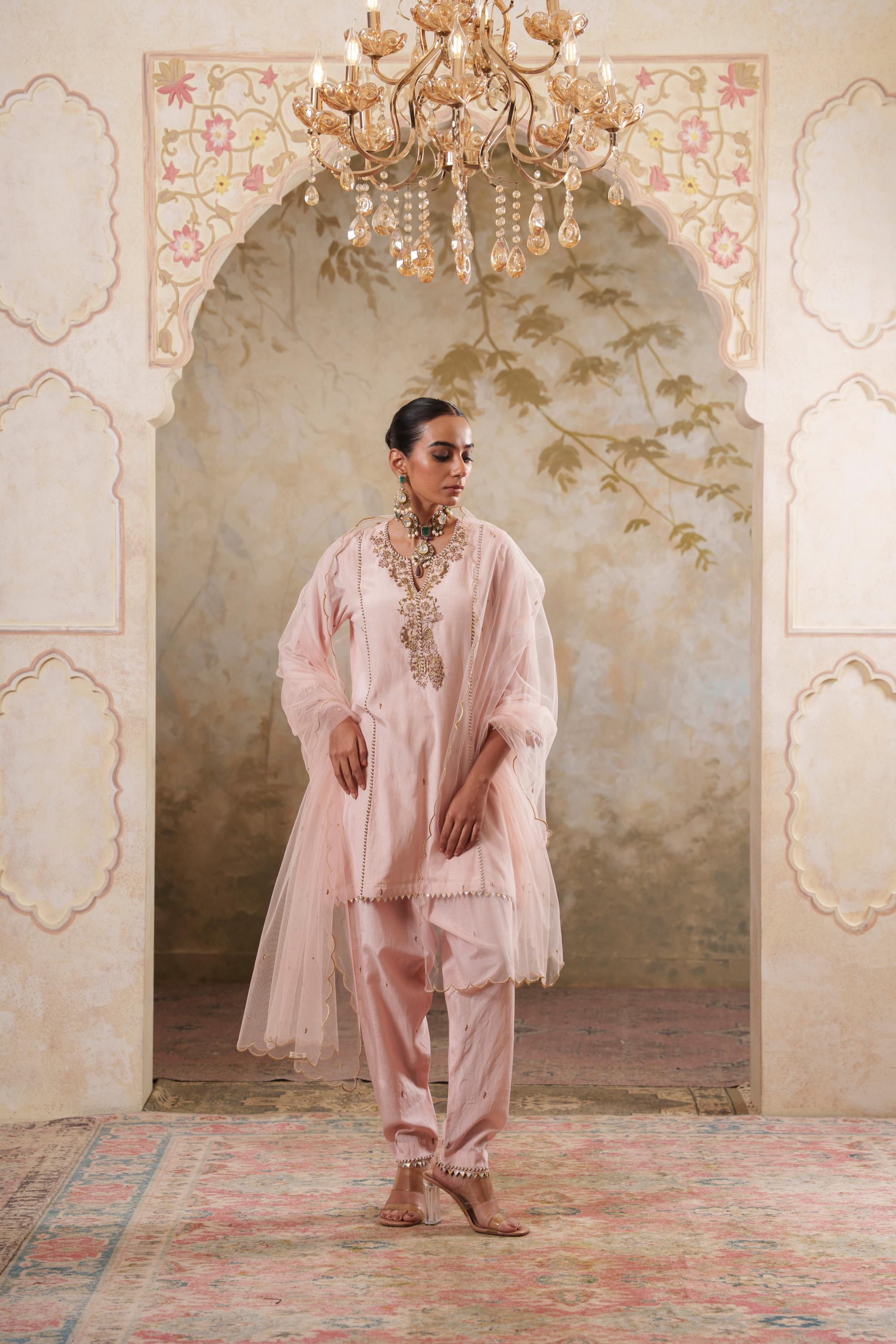 Noorani: Nude Pink Short Embroidered Kurta with Salwar & Dupatta