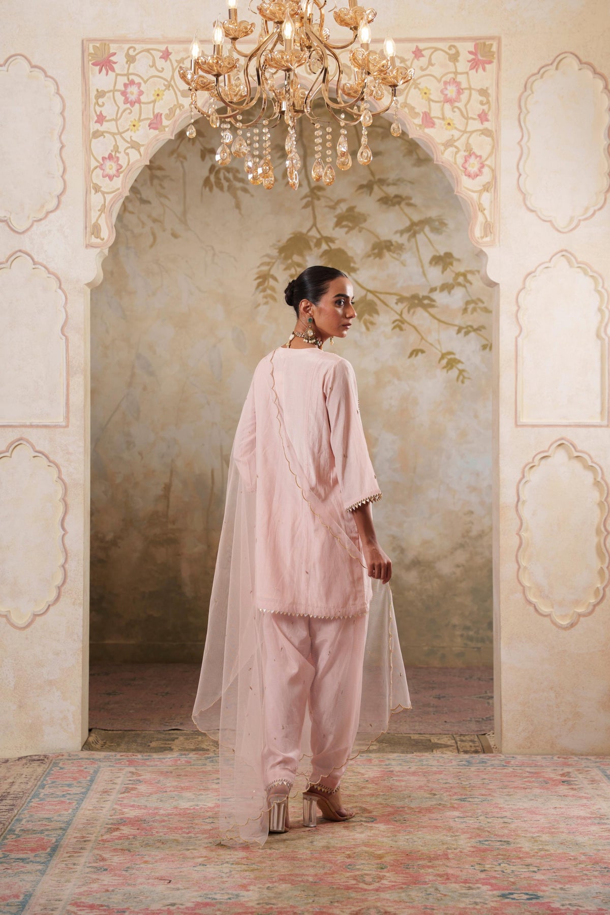 Noorani: Nude Pink Short Embroidered Kurta with Salwar & Dupatta