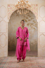 Noorani: Fushia Short Embroidered Kurta with Salwar & Dupatta