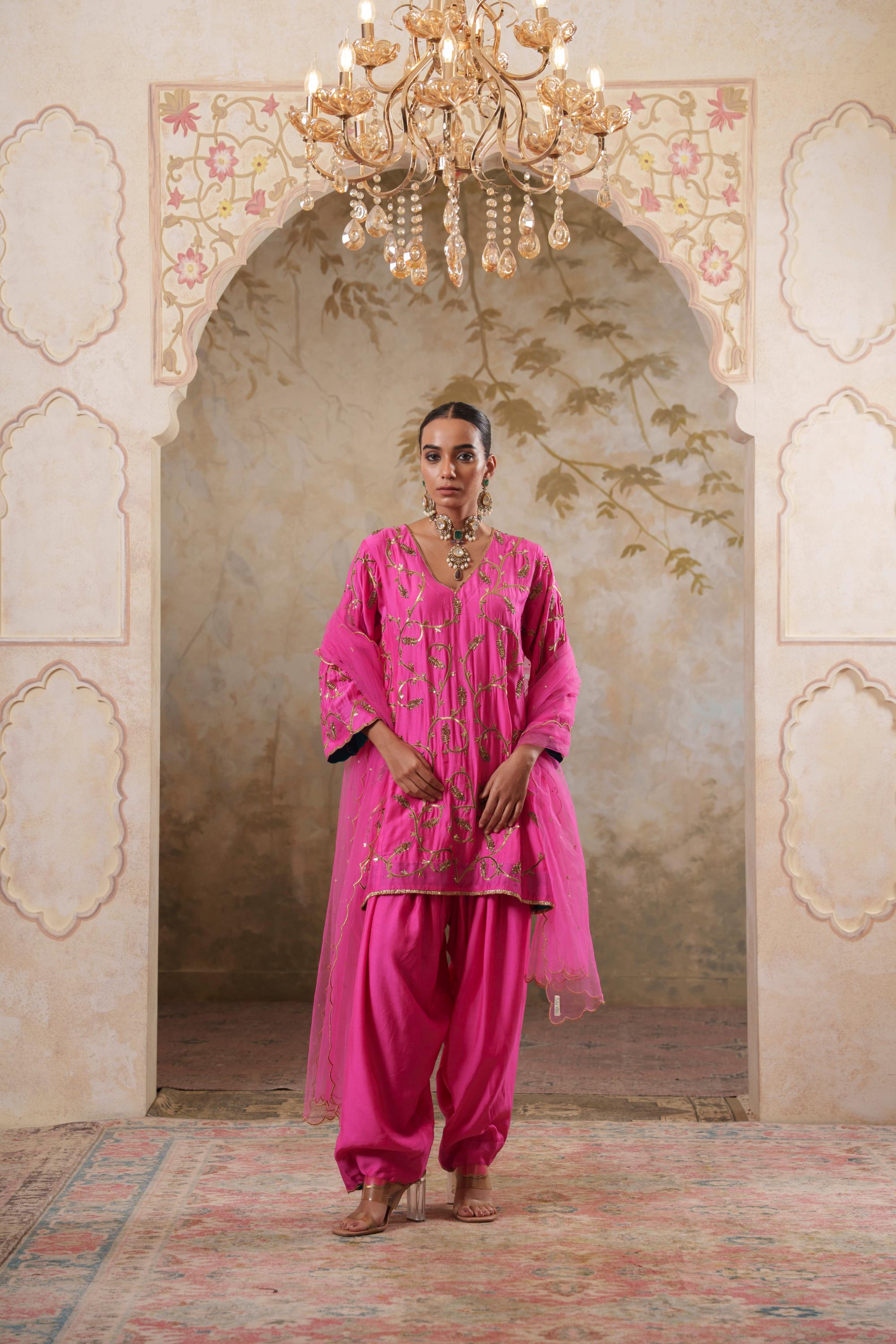 Noorani: Fushia Short Embroidered Kurta with Salwar & Dupatta