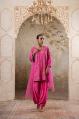 Noorani: Fushia Short Embroidered Kurta with Salwar & Dupatta