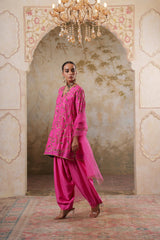 Noorani: Fushia Short Embroidered Kurta with Salwar & Dupatta