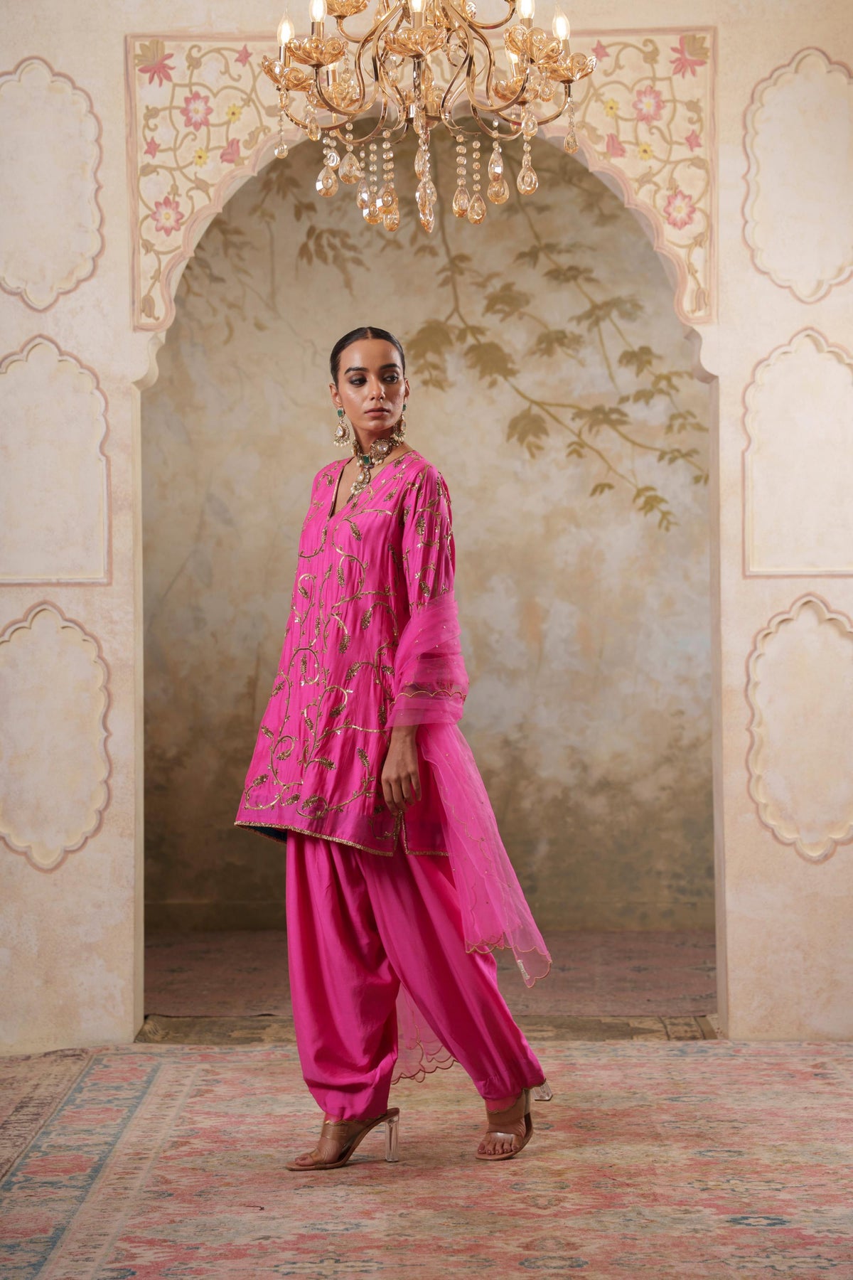 Noorani: Fushia Short Embroidered Kurta with Salwar & Dupatta