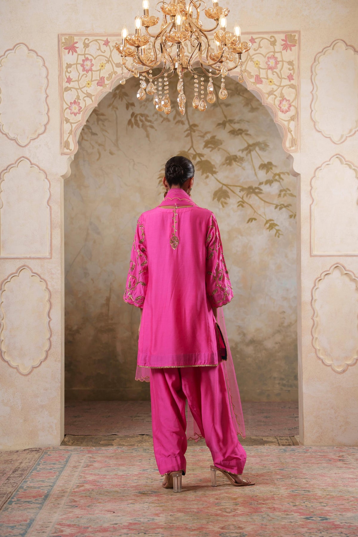 Noorani: Fushia Short Embroidered Kurta with Salwar & Dupatta