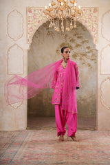 Noorani: Fushia Short Embroidered Kurta with Salwar & Dupatta