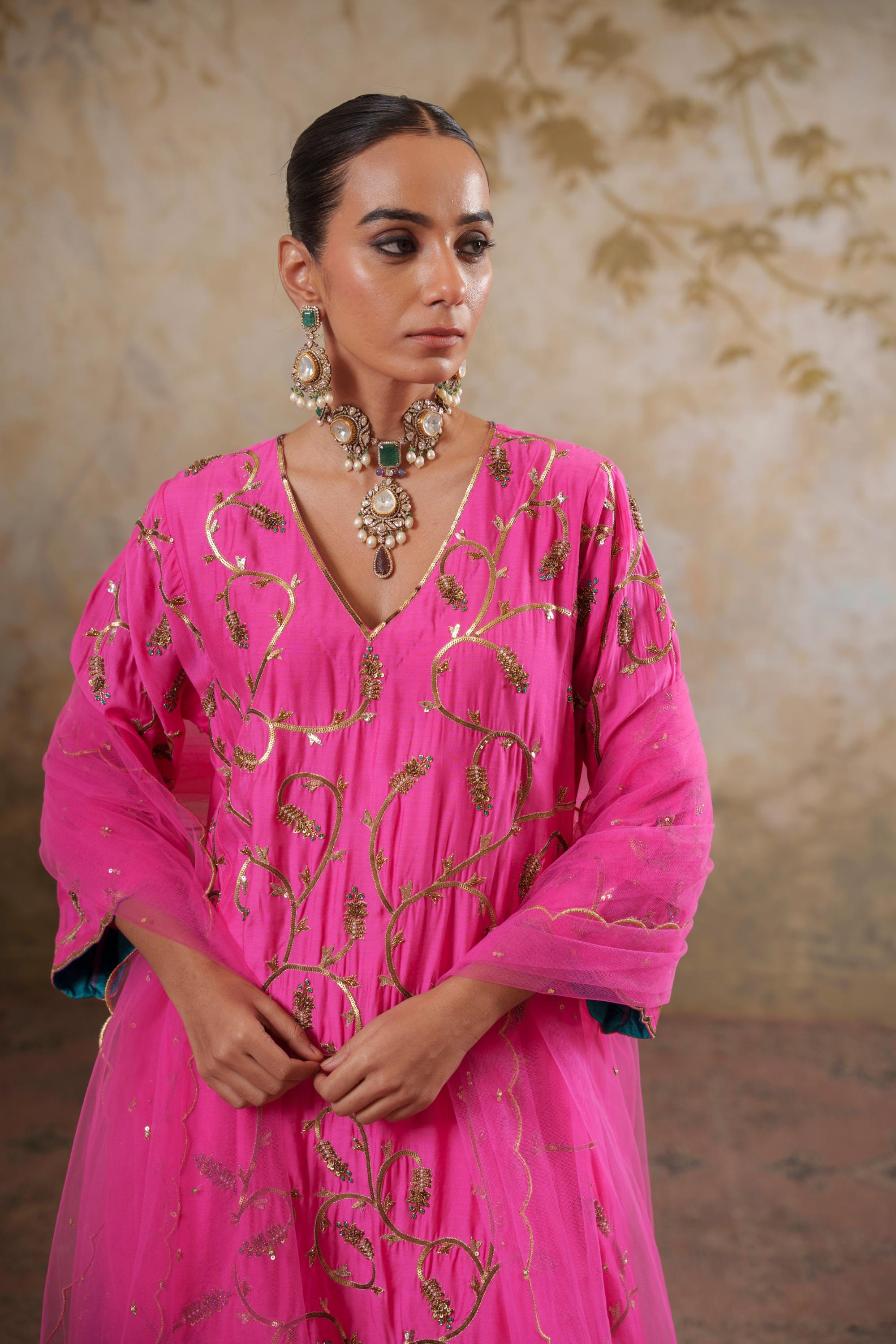 Noorani: Fushia Short Embroidered Kurta with Salwar & Dupatta
