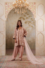 Noorani: Dusky Peach Short Embroidered Kurta with Salwar & Dupatta