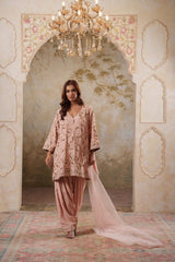 Noorani: Dusky Peach Short Embroidered Kurta with Salwar & Dupatta