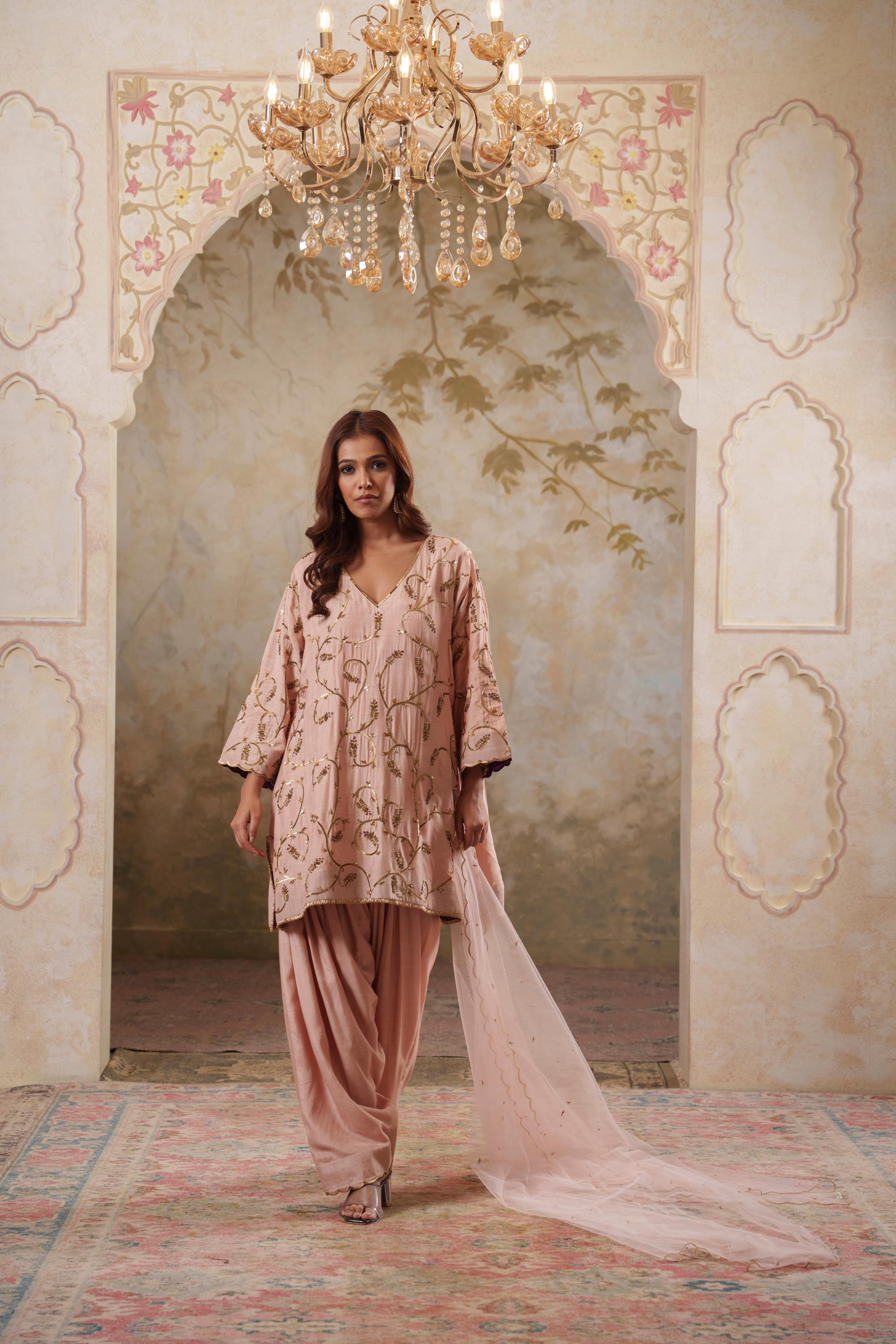 Noorani: Dusky Peach Short Embroidered Kurta with Salwar & Dupatta