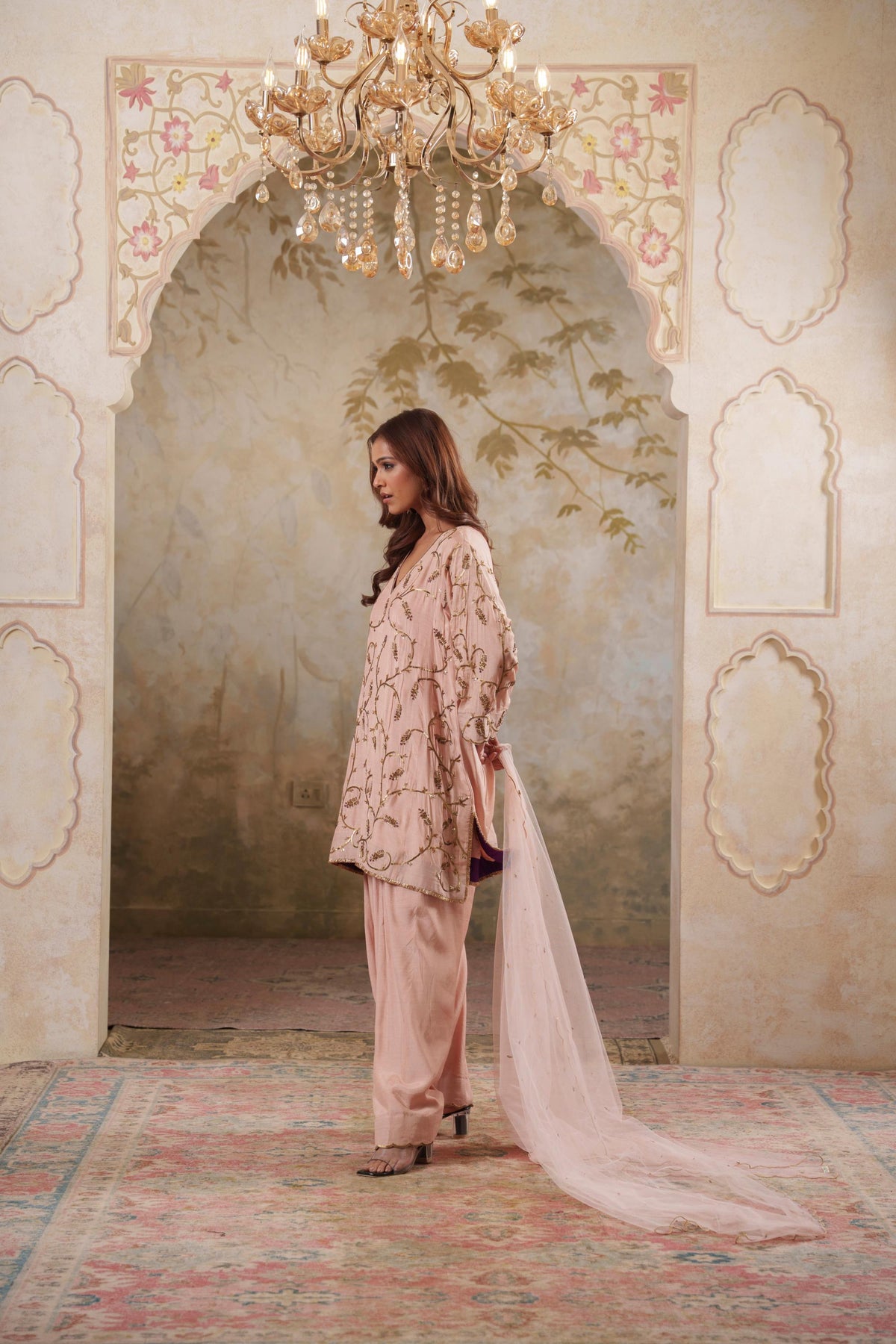 Noorani: Dusky Peach Short Embroidered Kurta with Salwar & Dupatta