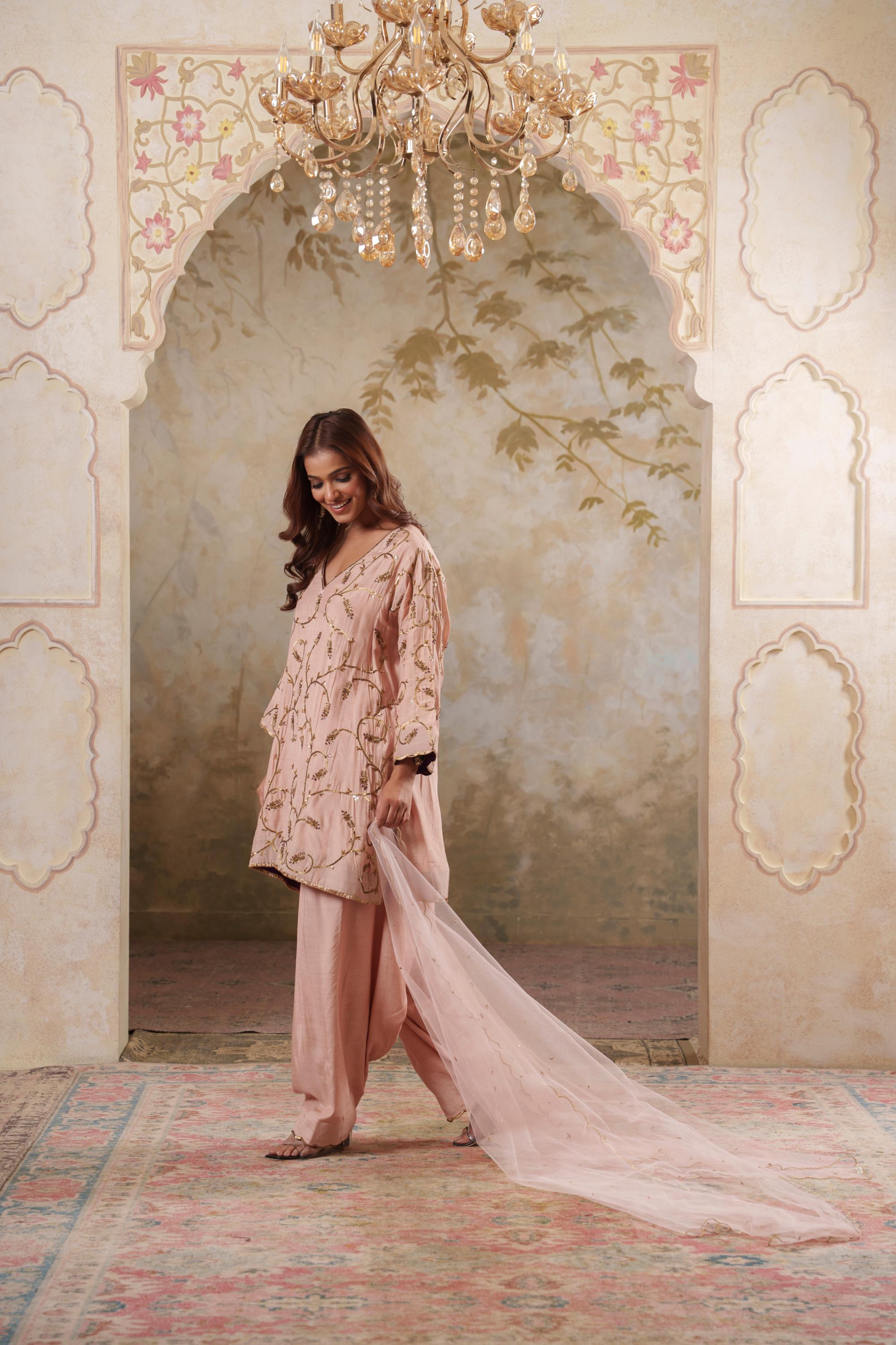 Noorani: Dusky Peach Short Embroidered Kurta with Salwar & Dupatta