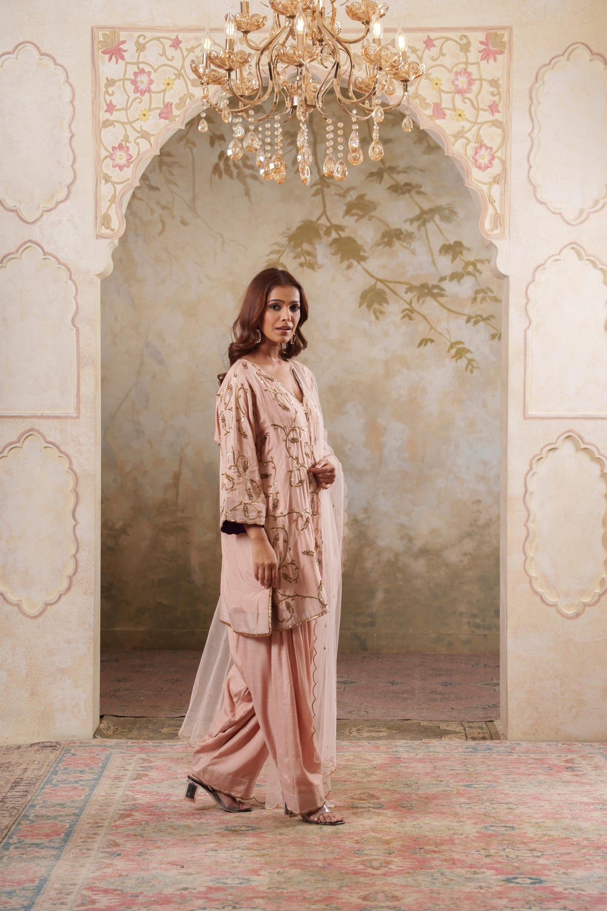 Noorani: Dusky Peach Short Embroidered Kurta with Salwar & Dupatta