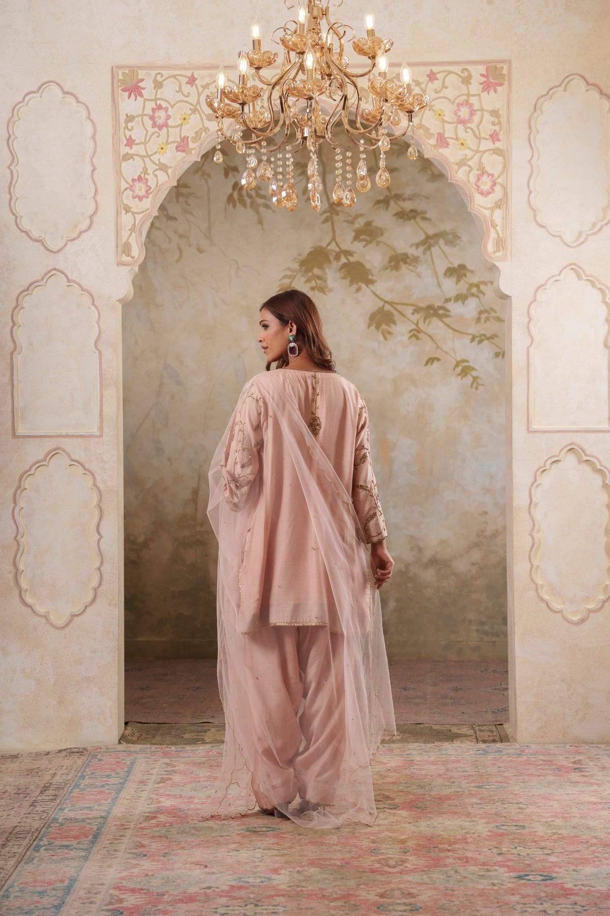 Noorani: Dusky Peach Short Embroidered Kurta with Salwar & Dupatta