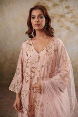 Noorani: Dusky Peach Short Embroidered Kurta with Salwar & Dupatta