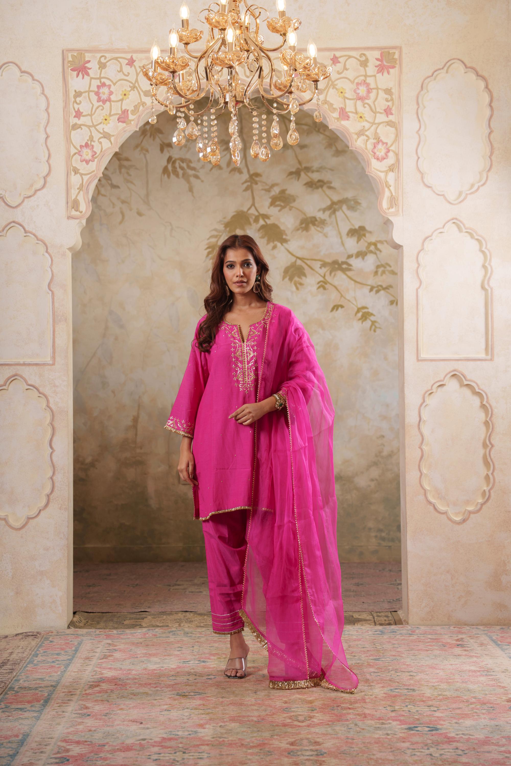 Noorani: Fushia Short Embroidered Kurta with Pants & Dupatta