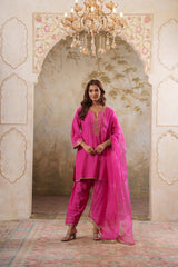 Noorani: Fushia Short Embroidered Kurta with Pants & Dupatta