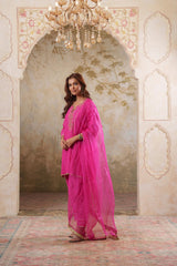 Noorani: Fushia Short Embroidered Kurta with Pants & Dupatta