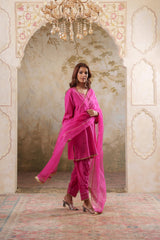 Noorani: Fushia Short Embroidered Kurta with Pants & Dupatta