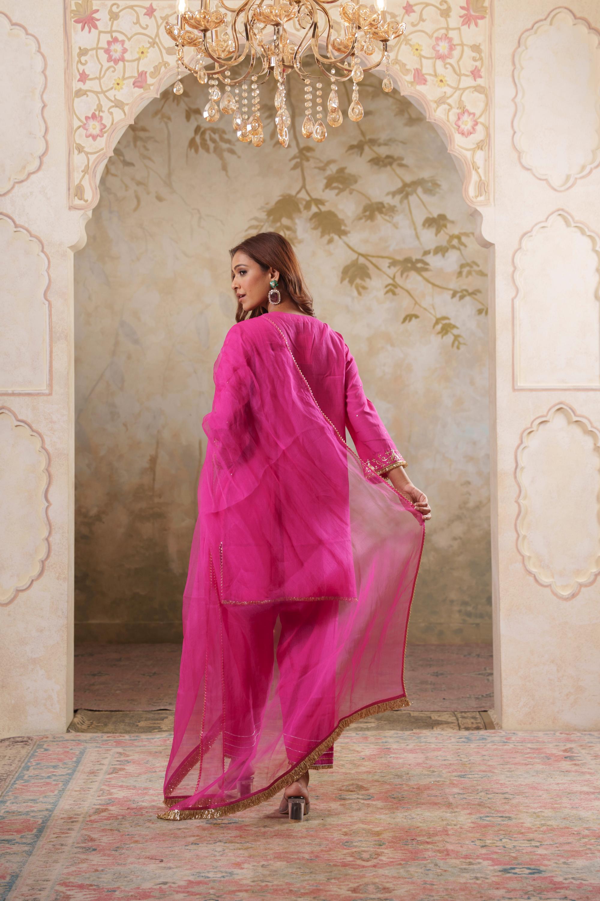 Noorani: Fushia Short Embroidered Kurta with Pants & Dupatta