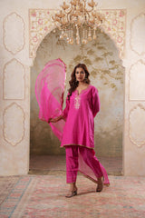 Noorani: Fushia Short Embroidered Kurta with Pants & Dupatta