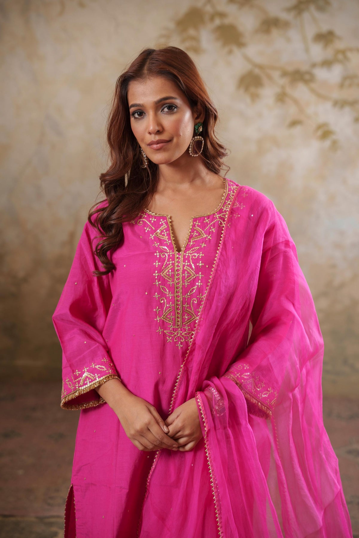 Noorani: Fushia Short Embroidered Kurta with Pants & Dupatta