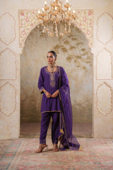 Noorani: Purple Short Embroidered Kurta with Pants & Dupatta