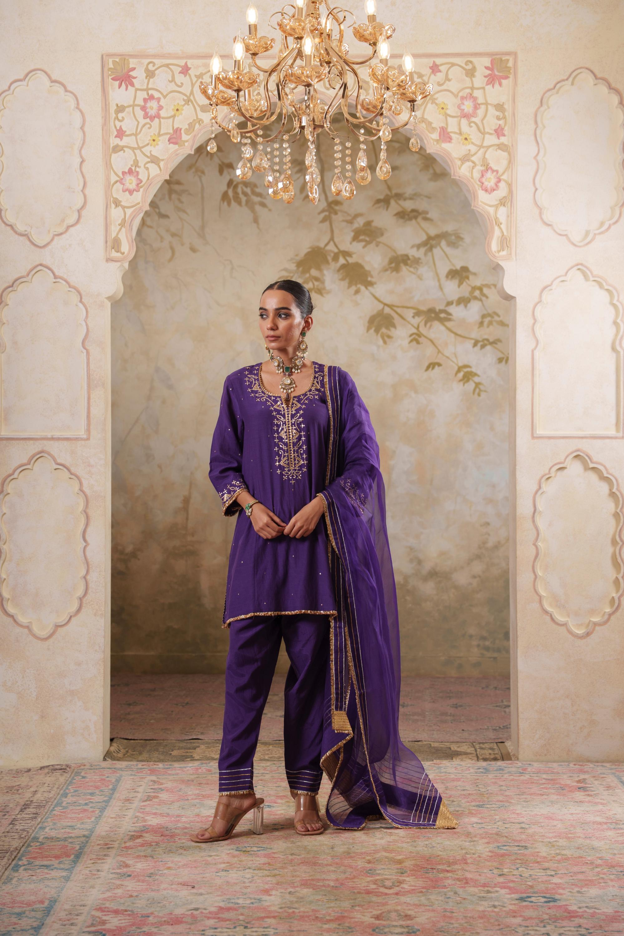 Noorani: Purple Short Embroidered Kurta with Pants & Dupatta
