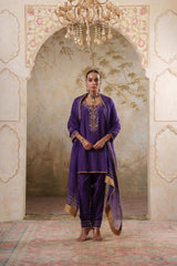 Noorani: Purple Short Embroidered Kurta with Pants & Dupatta