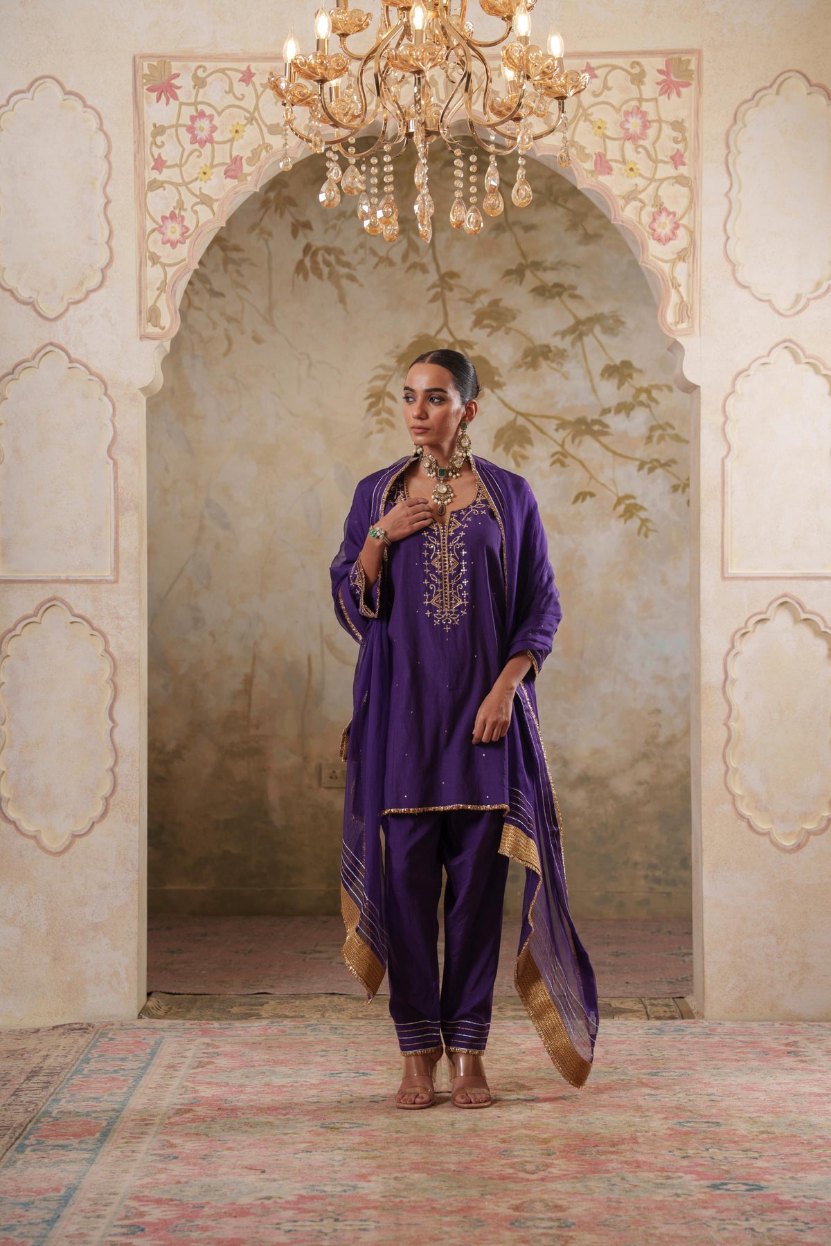 Noorani: Purple Short Embroidered Kurta with Pants & Dupatta