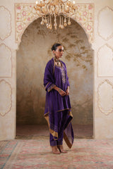 Noorani: Purple Short Embroidered Kurta with Pants & Dupatta